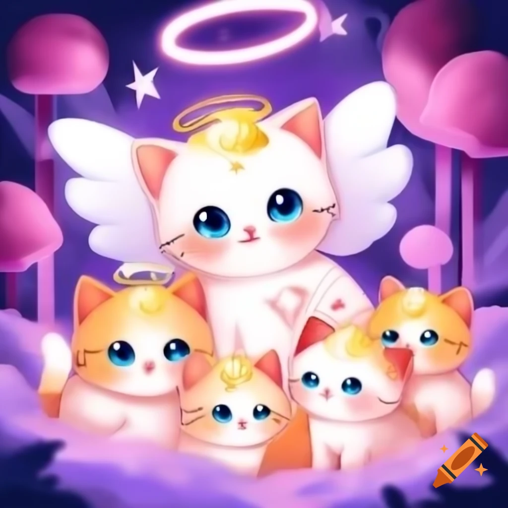 Anime-style cute angel kittens with wings and halos in a pink and purple heaven
