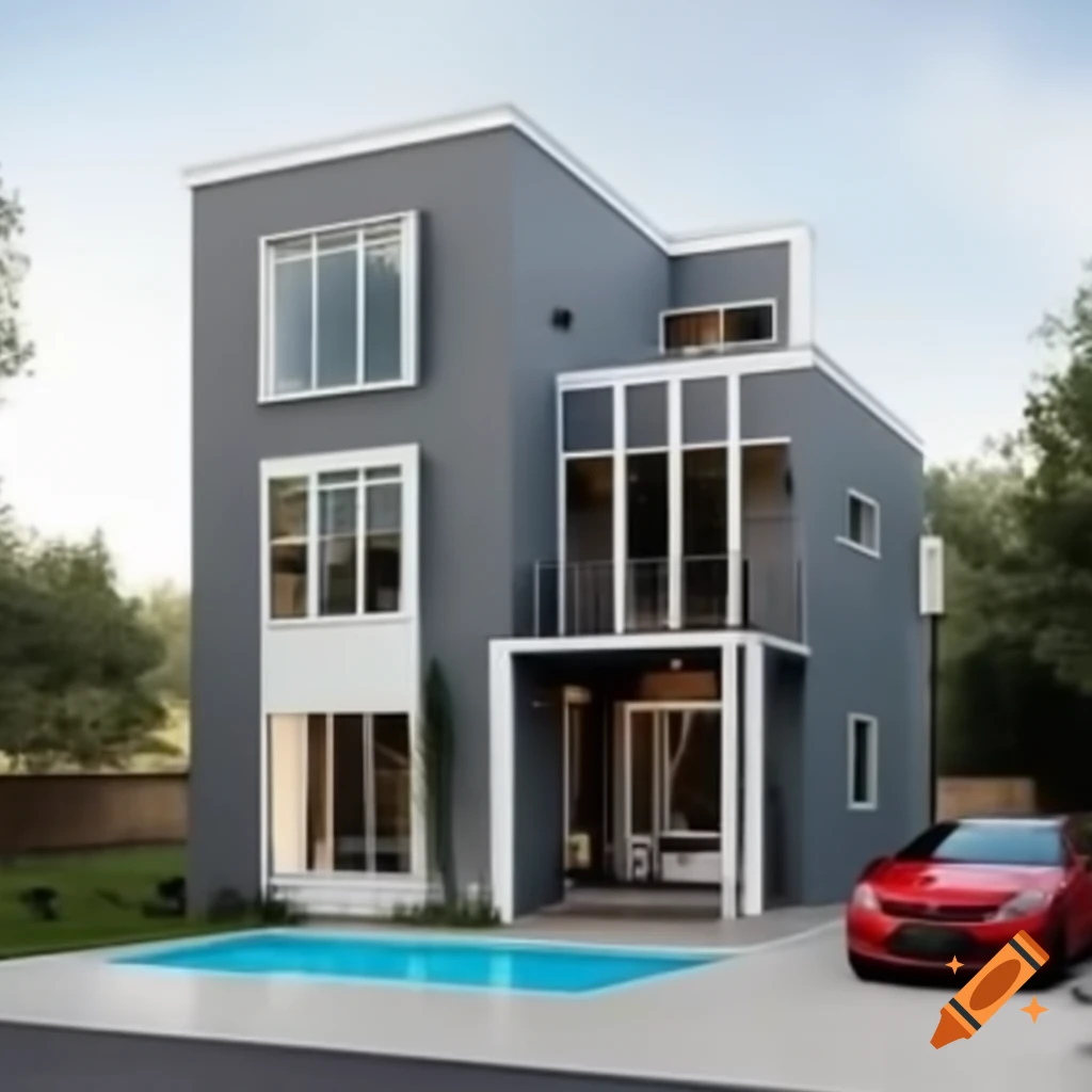 Modern three-story gray house with swimming pool, trees, and two cars