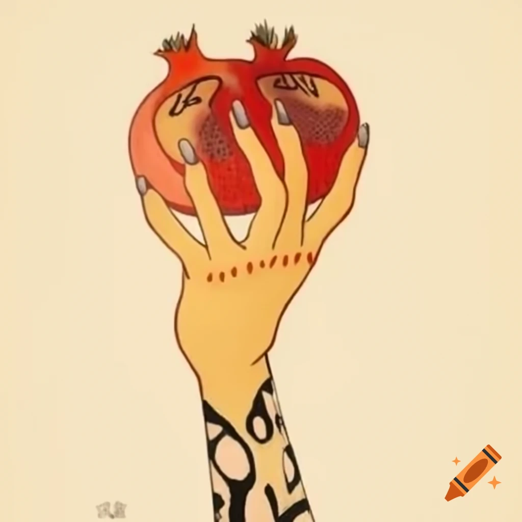 Egon Schiele style illustration of Armenian woman's hand with long nails holding heart-shaped pomegranate