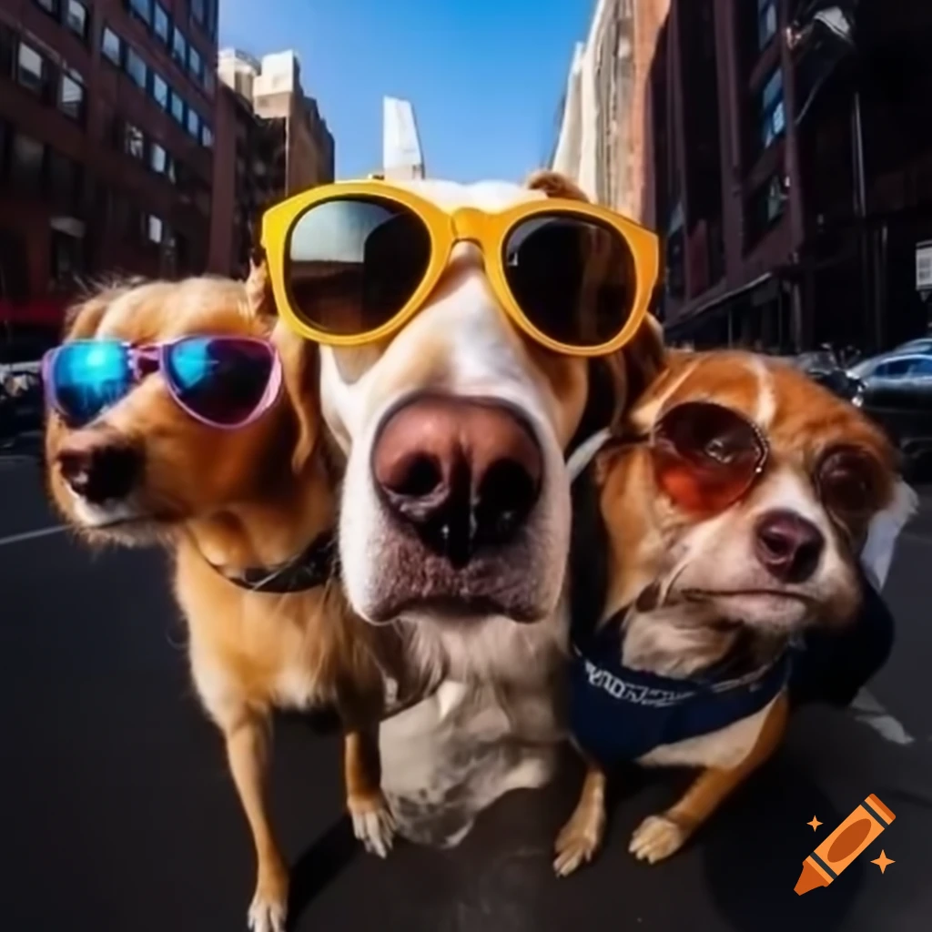 Three dogs wearing sunglasses in New York City