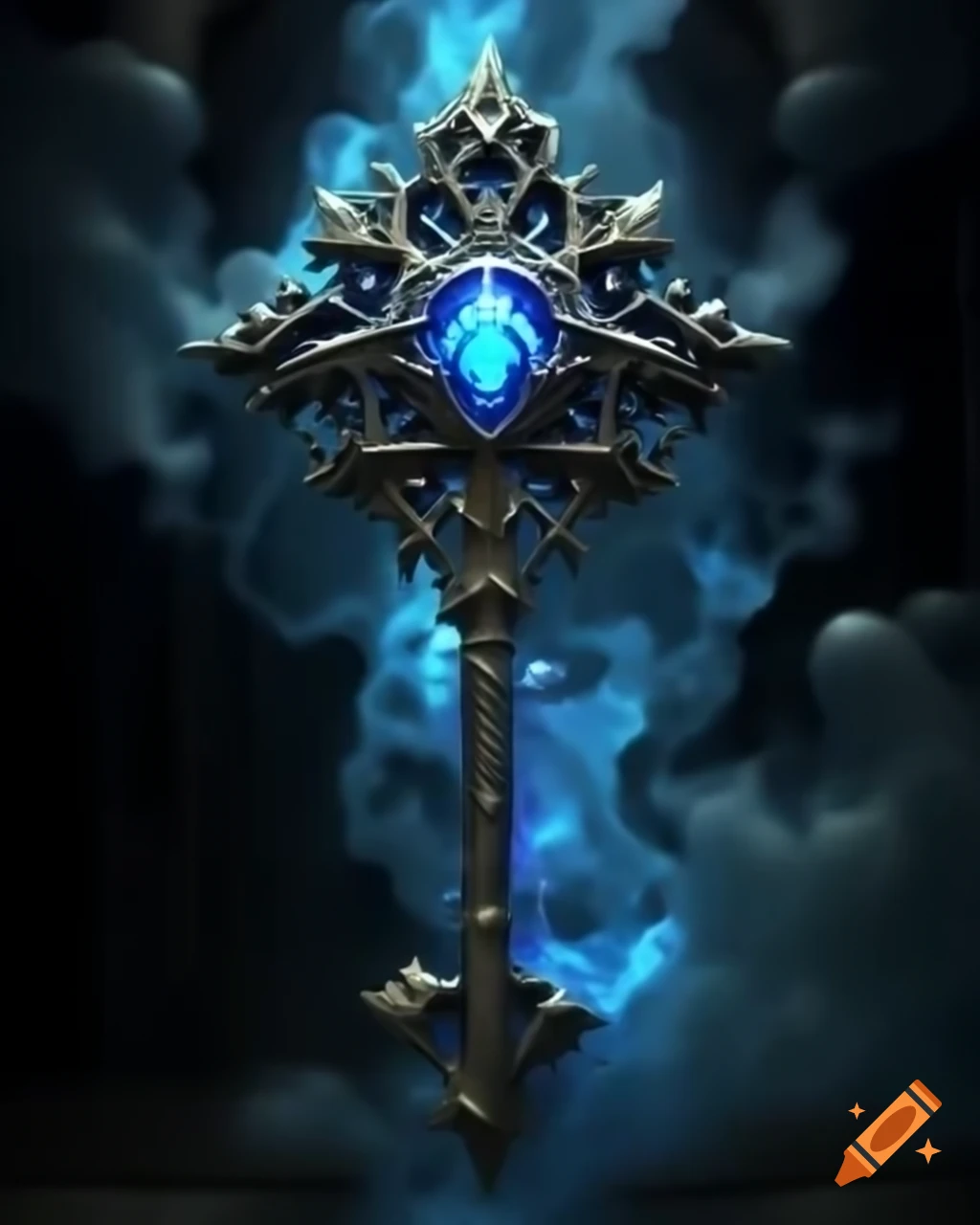 Magical black and blue key with intricate design and glowing smoky aura