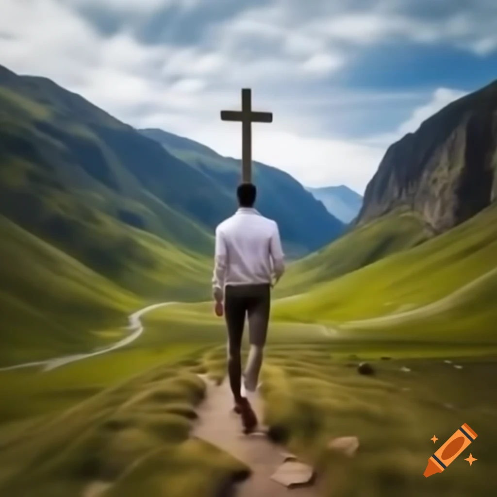 Man lying on back in valley with cross at the end of the path