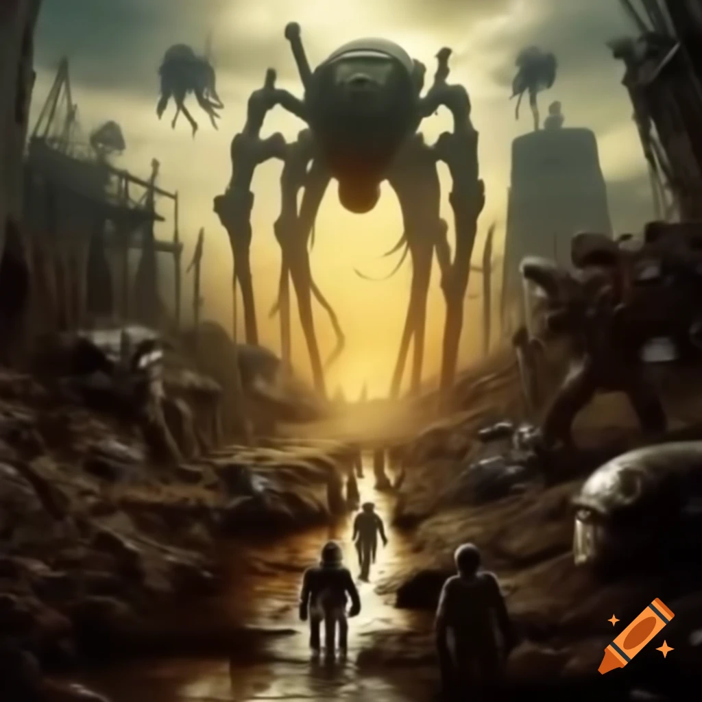Post-apocalyptic wasteland with strange creatures and robotic soldiers, featuring giant robotic spider