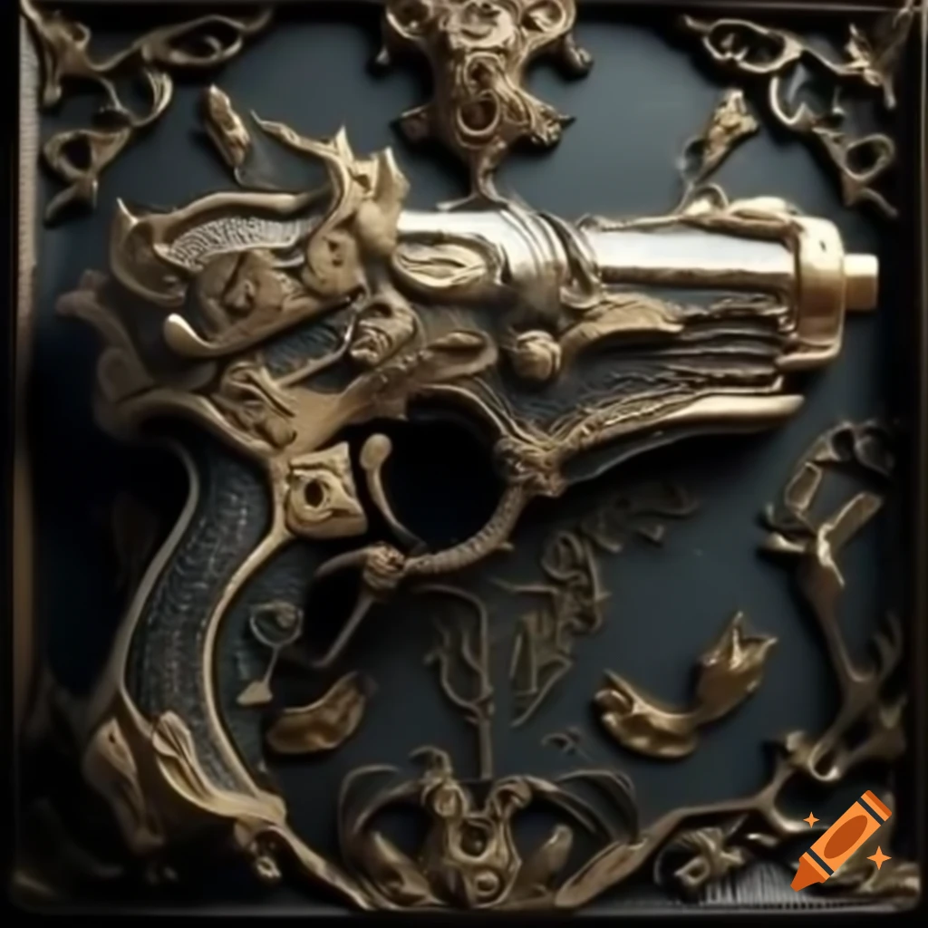 Baroque style futuristic pistol with gold decorations