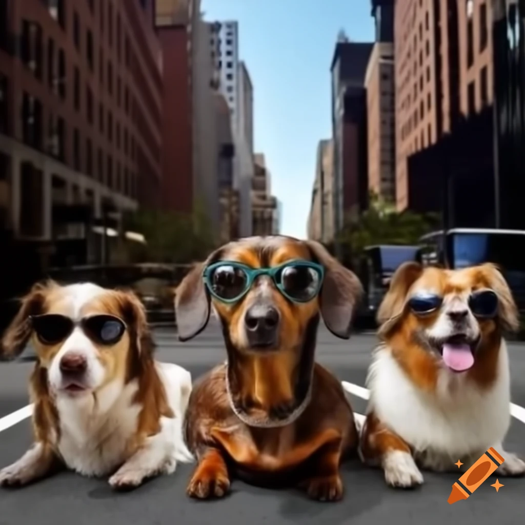 Dachshund, pug, and collie wearing sunglasses on NYC stoop