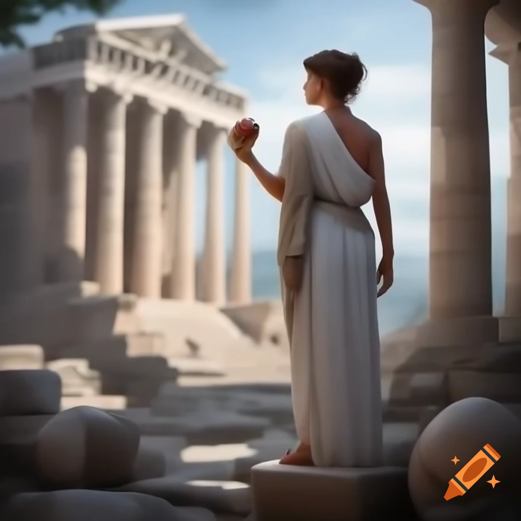 Young woman in toga in Greek temple ruins holding an apple