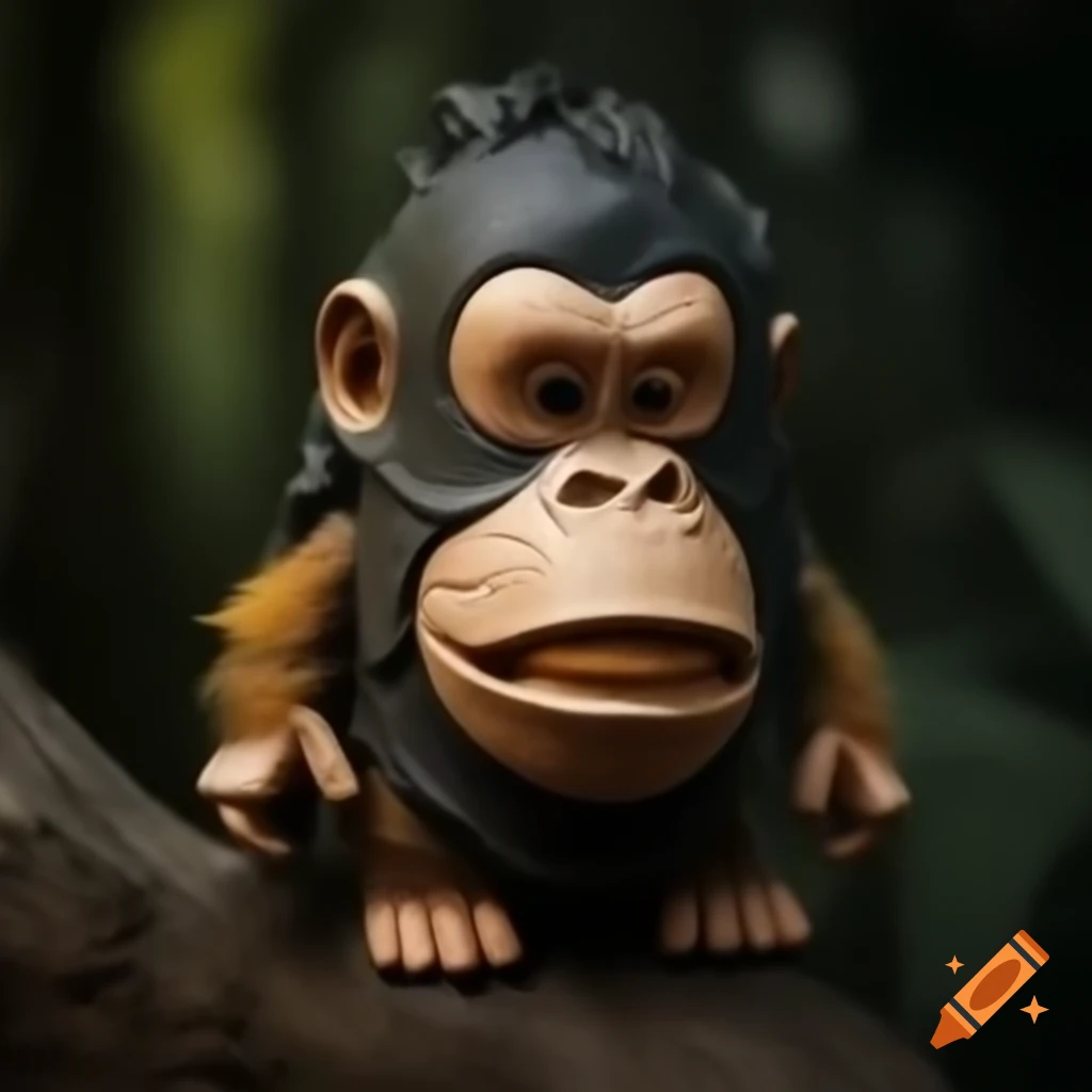 Tiny wood bark human wearing plastic Donkey Kong mask, realistic style