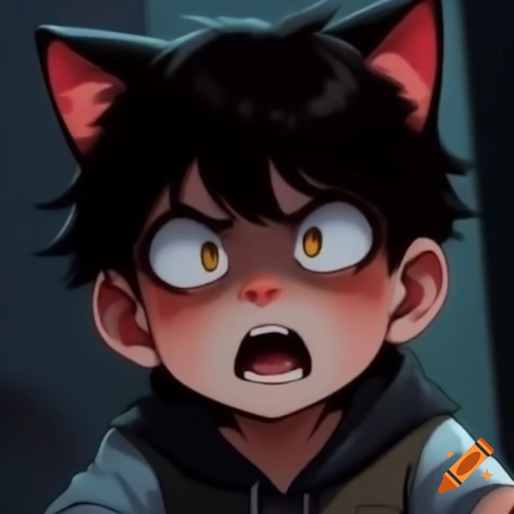 Angry neko kemonomimi boy with hiss and back ears