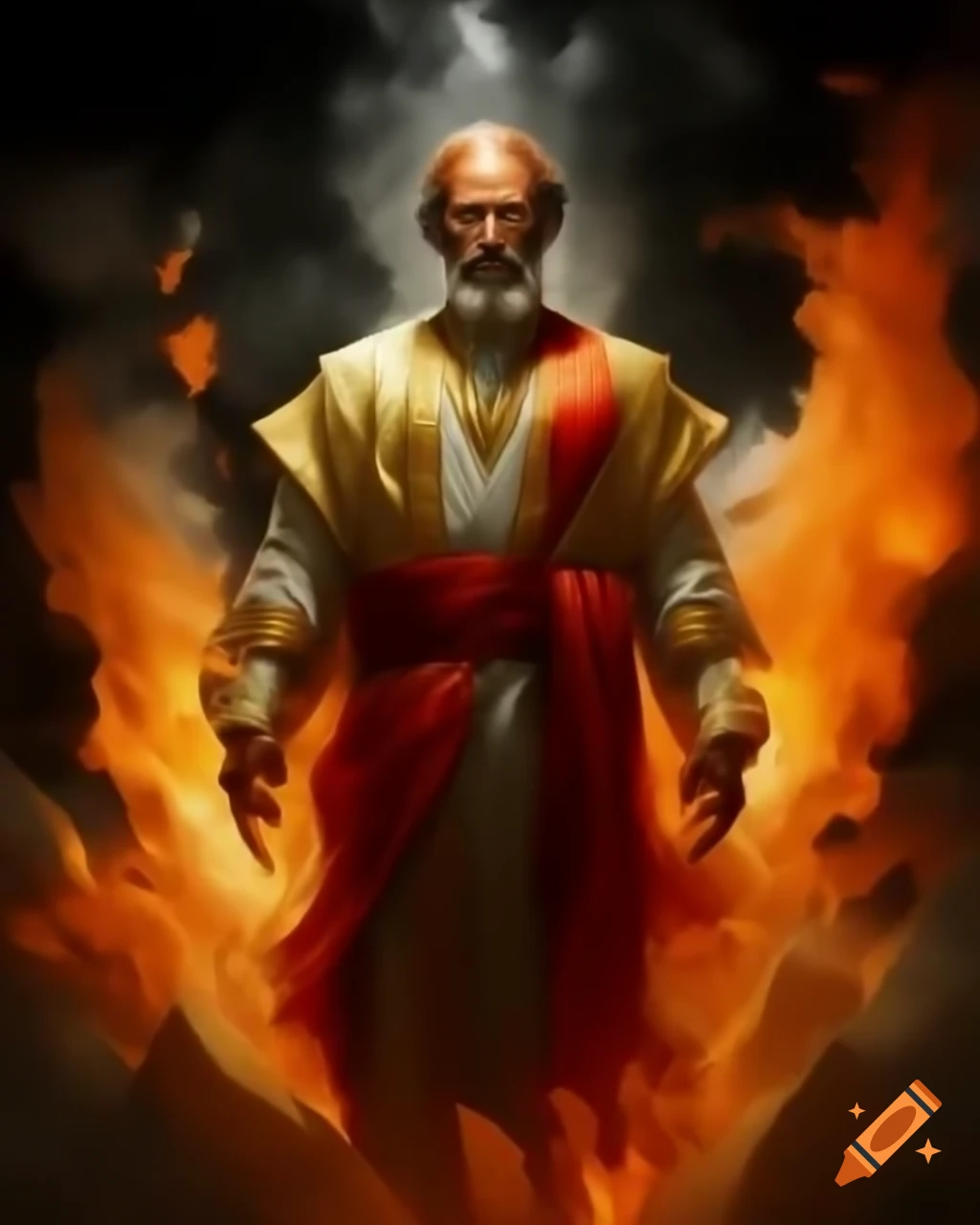 Confident leader in gold and red attire surrounded by flames representing power