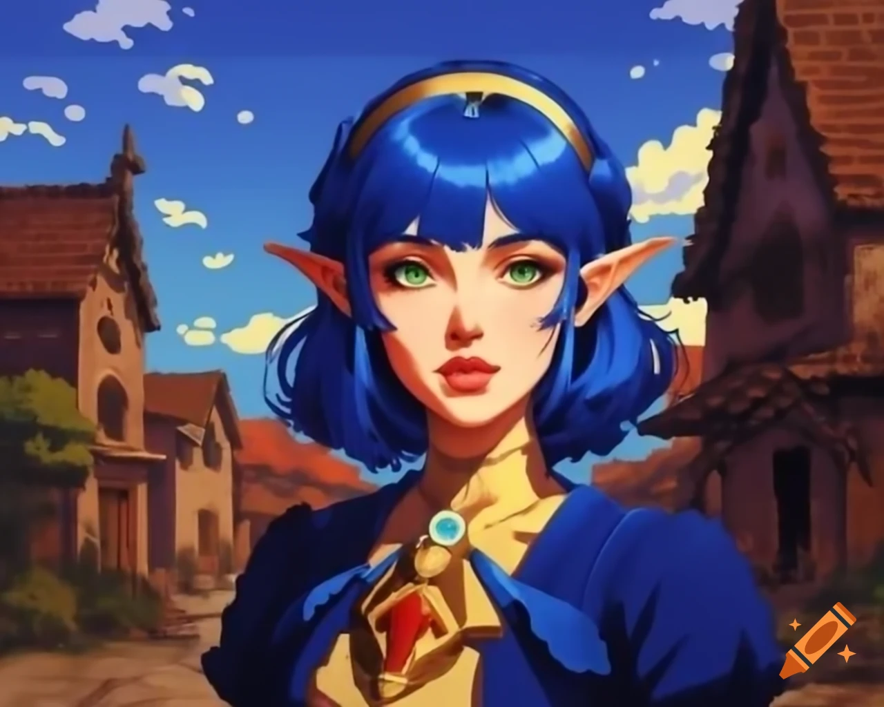 Pixel art portrait of blue-haired demi-elf in nomad village, retro style