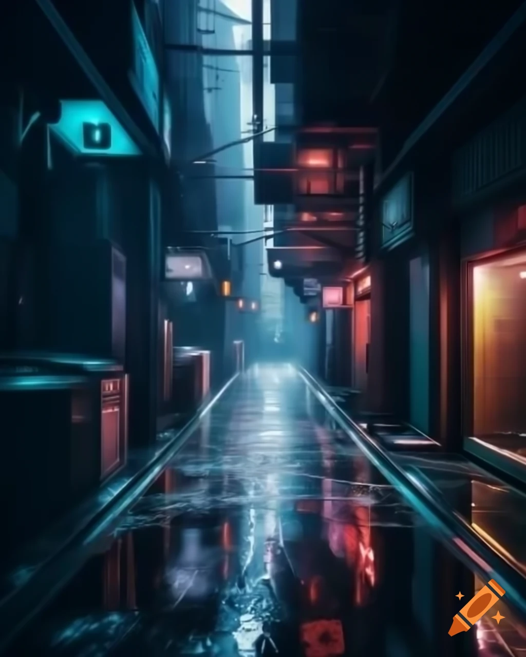 Cyberpunk alleyway with neon lights reflecting on wet surfaces