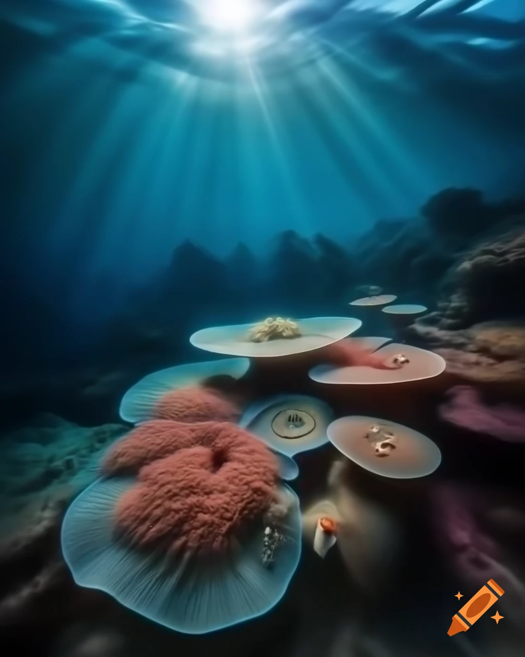 Mystical saltwater mountain lake in ocean with colorful fish and coral