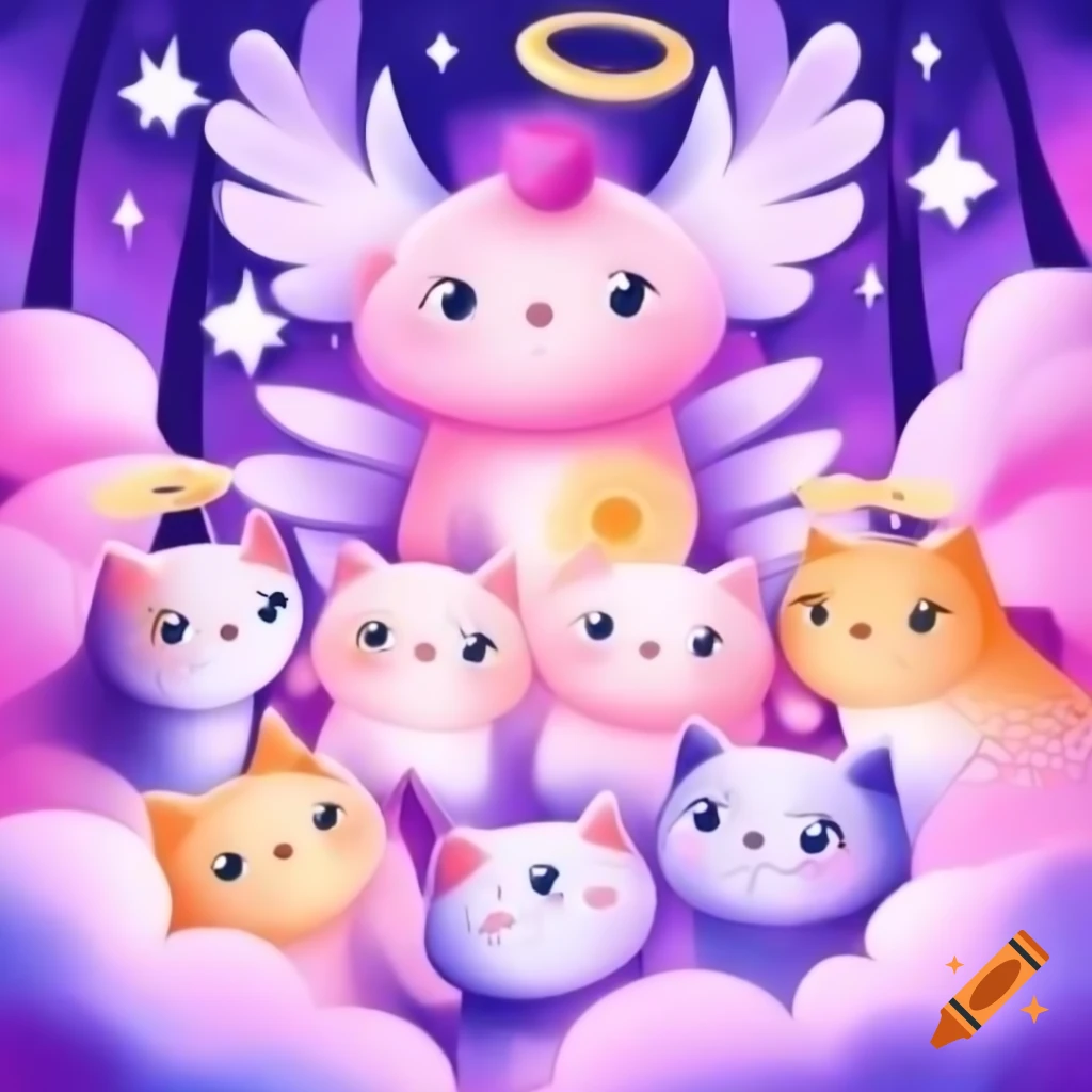 Group of cute angel kittens with wings and halos in pink and purple heaven, anime style