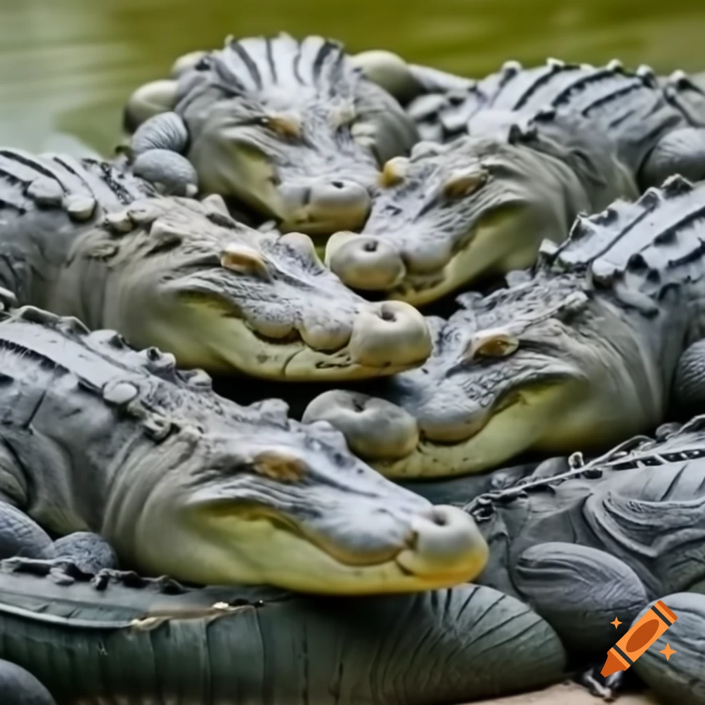 Five crocodiles together in a close embrace