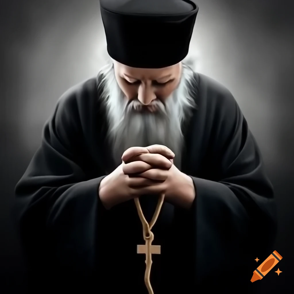 Orthodox priest praying with prayer rope, embodying wisdom and spirituality