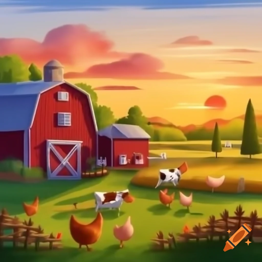 Idyllic farm scene at sunset with red barn, cows, and chickens