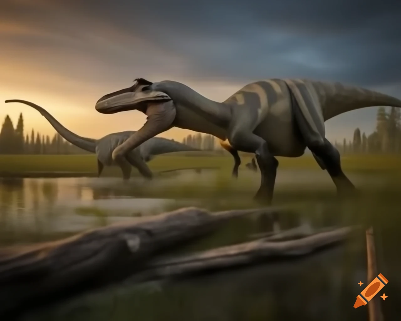 Cinnamon and grey striped hadrosaurus in marshland during golden hour
