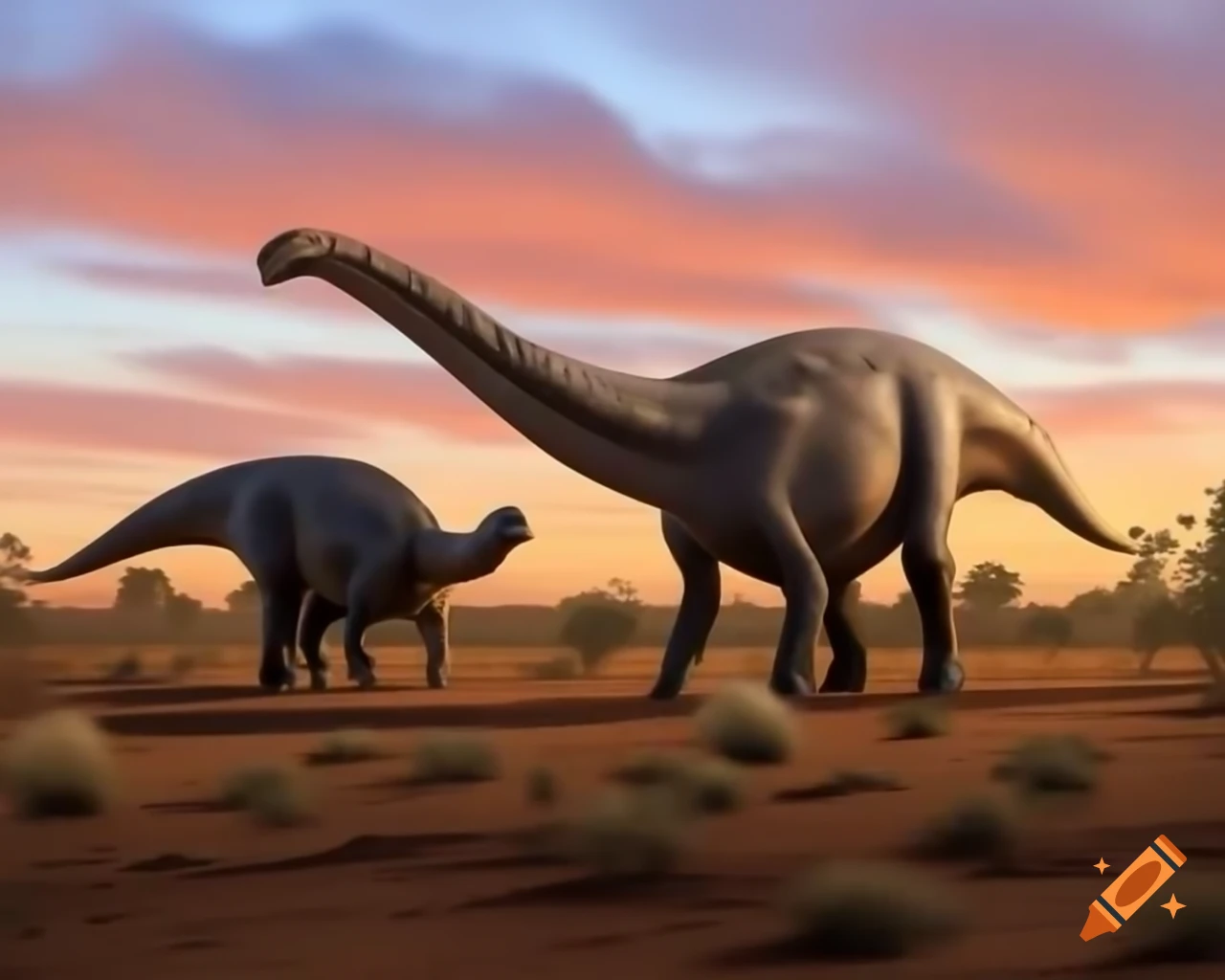 Cinnamon and grey striped hadrosaurus in Australia outback during golden hour