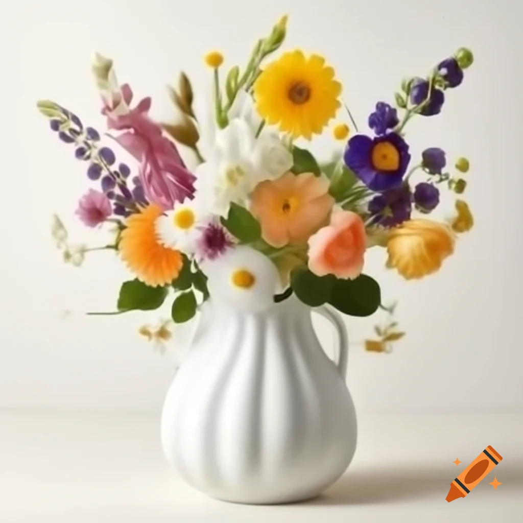 Vase with various flowers on white background