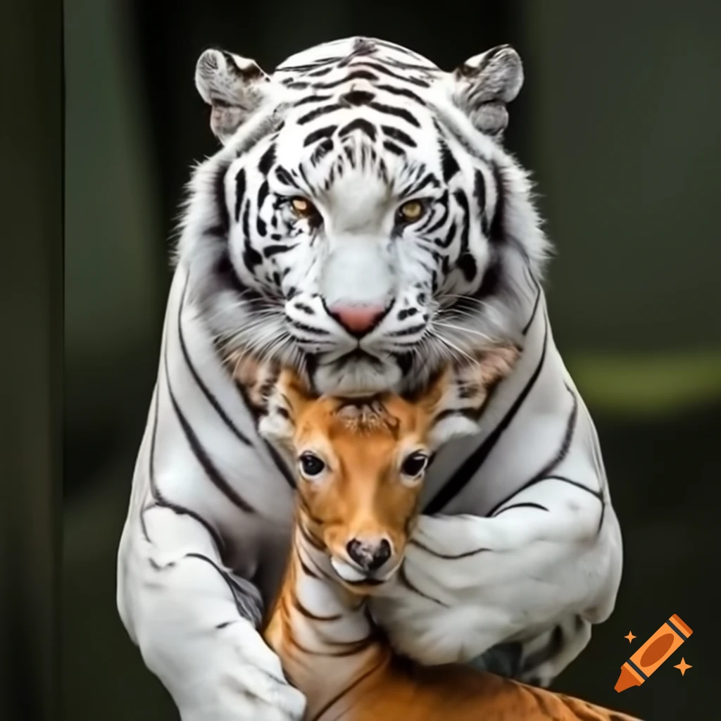 White tiger with yellow deer in its grip