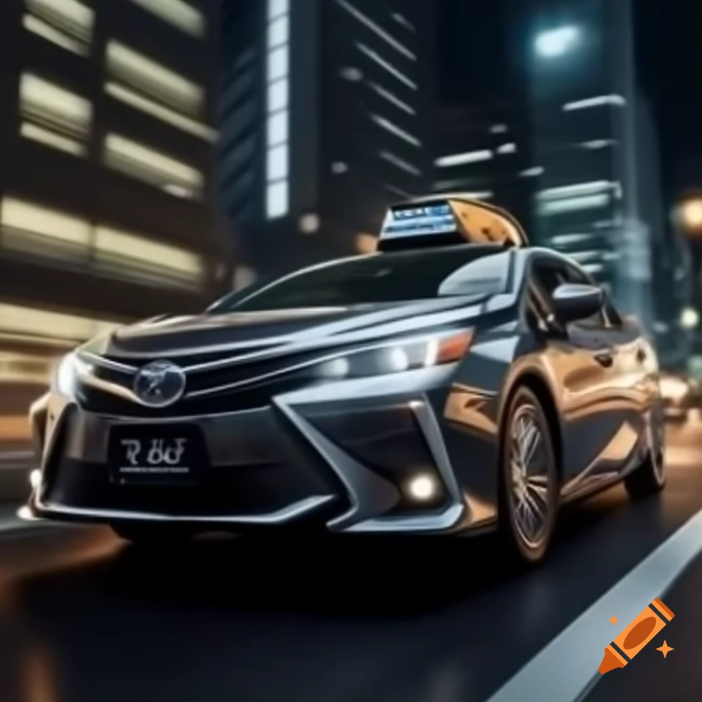 2018 Toyota Crown taxi navigating illuminated modern Japanese city streets at night