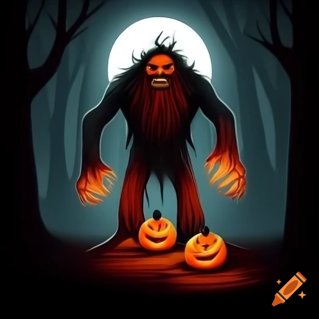 Skeletal troll hag with jack-o-lantern head in foggy forest during full moon