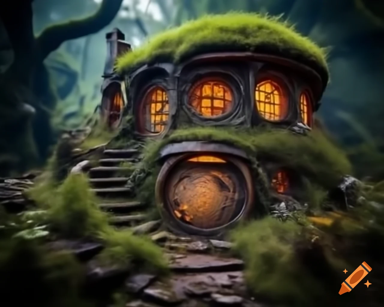Abandoned hobbit house in post-apocalyptic setting with realistic lighting
