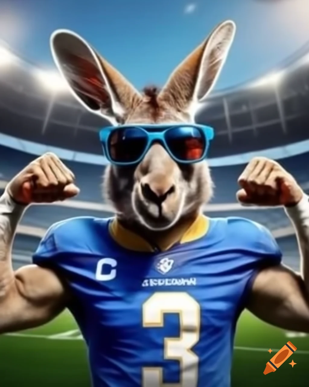 Hip-hop kangaroo flexing muscles in sunglasses at football stadium with ...