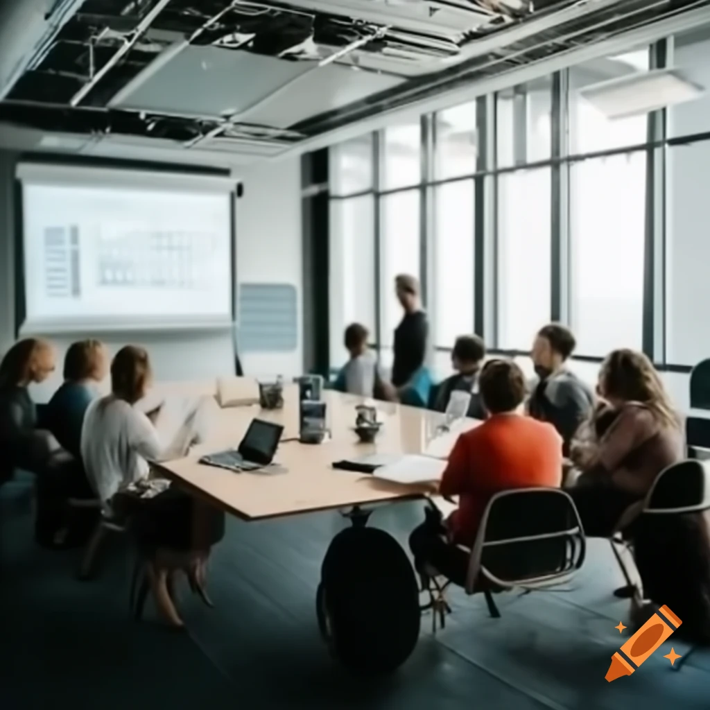 Modern conference room with visitors listening to an expert presentation
