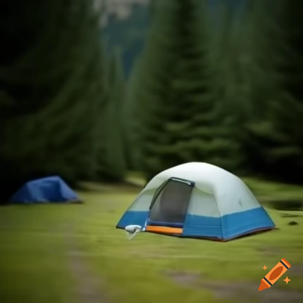 Campsite in grassy forest clearing with tent in daytime, photographic style