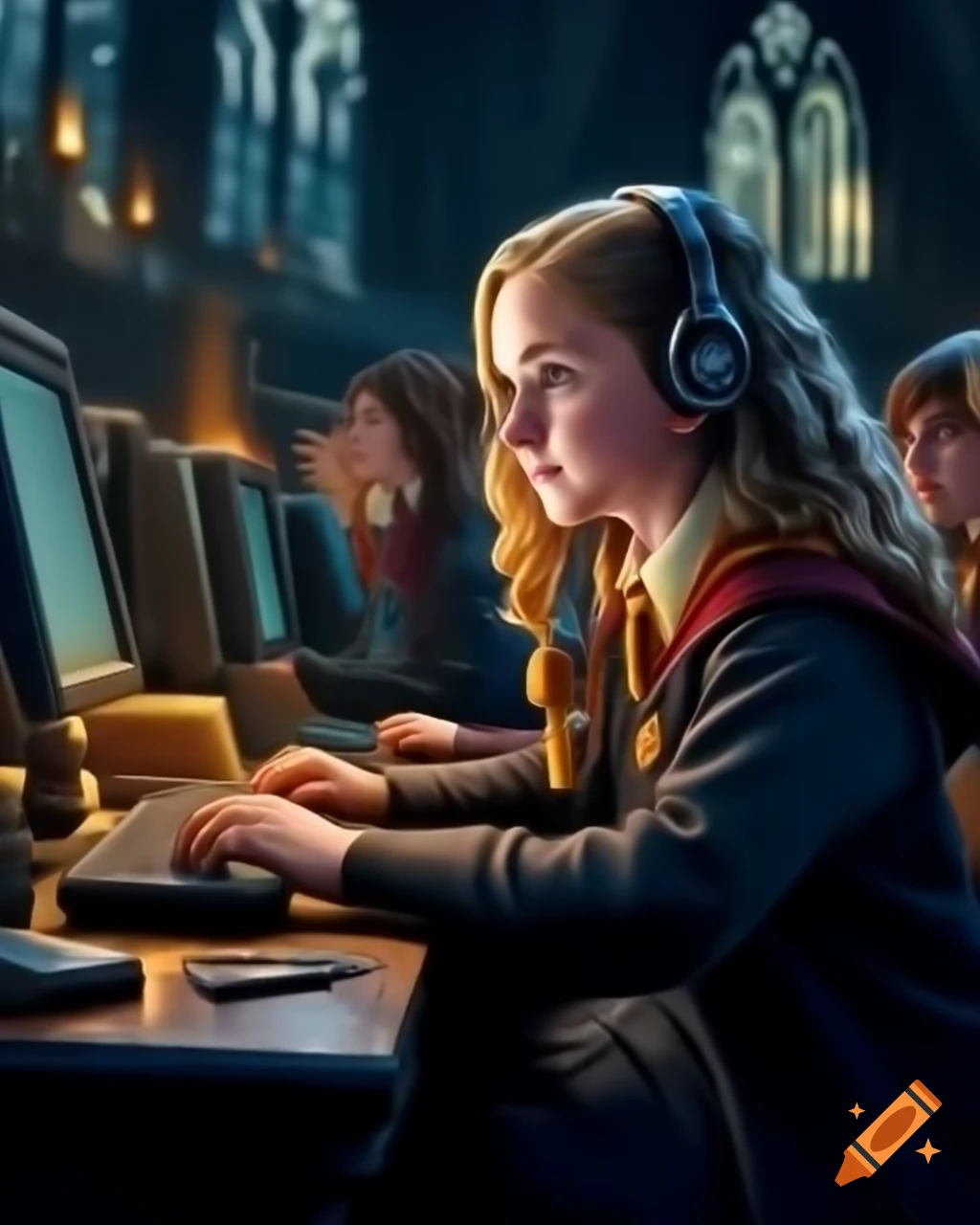 Hermione working on a computer in Hogwarts programming classroom, fantasy style