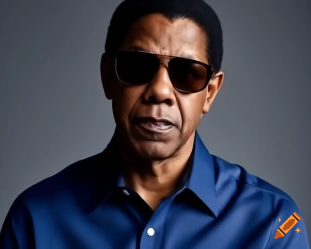 Denzel Washington wearing sunglasses and blue shirt on grey background