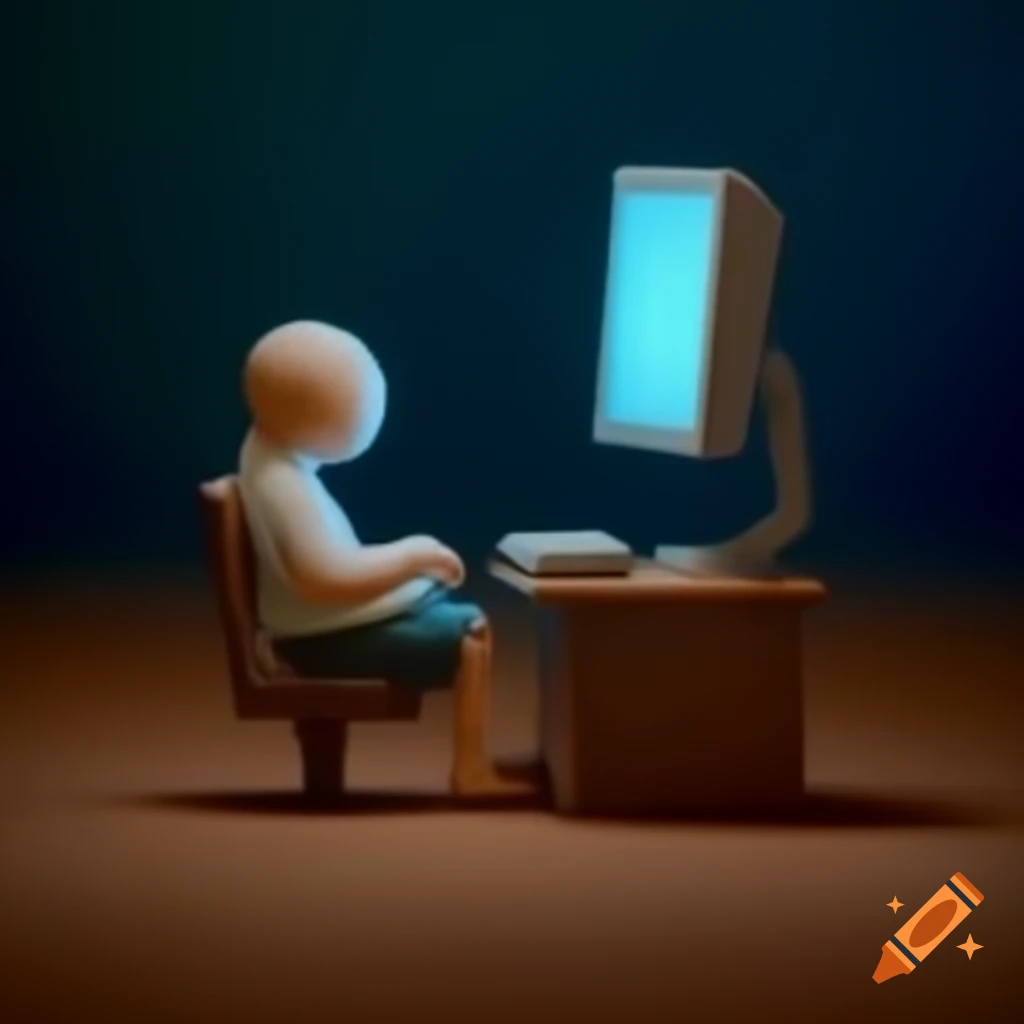 Miniature figurine on chair facing computer screen