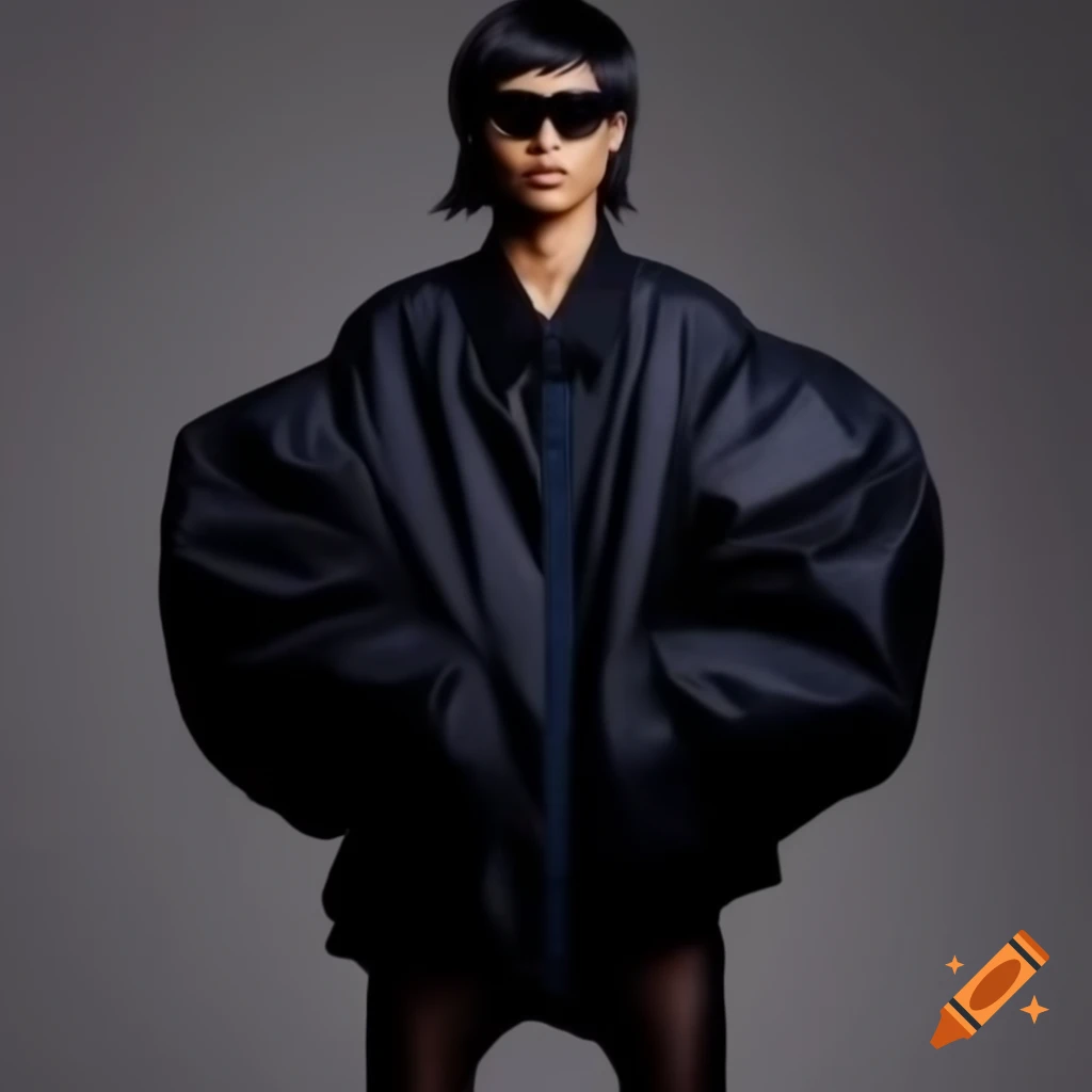 Asian model in oversized Balenciaga jacket sample, fashion fitting