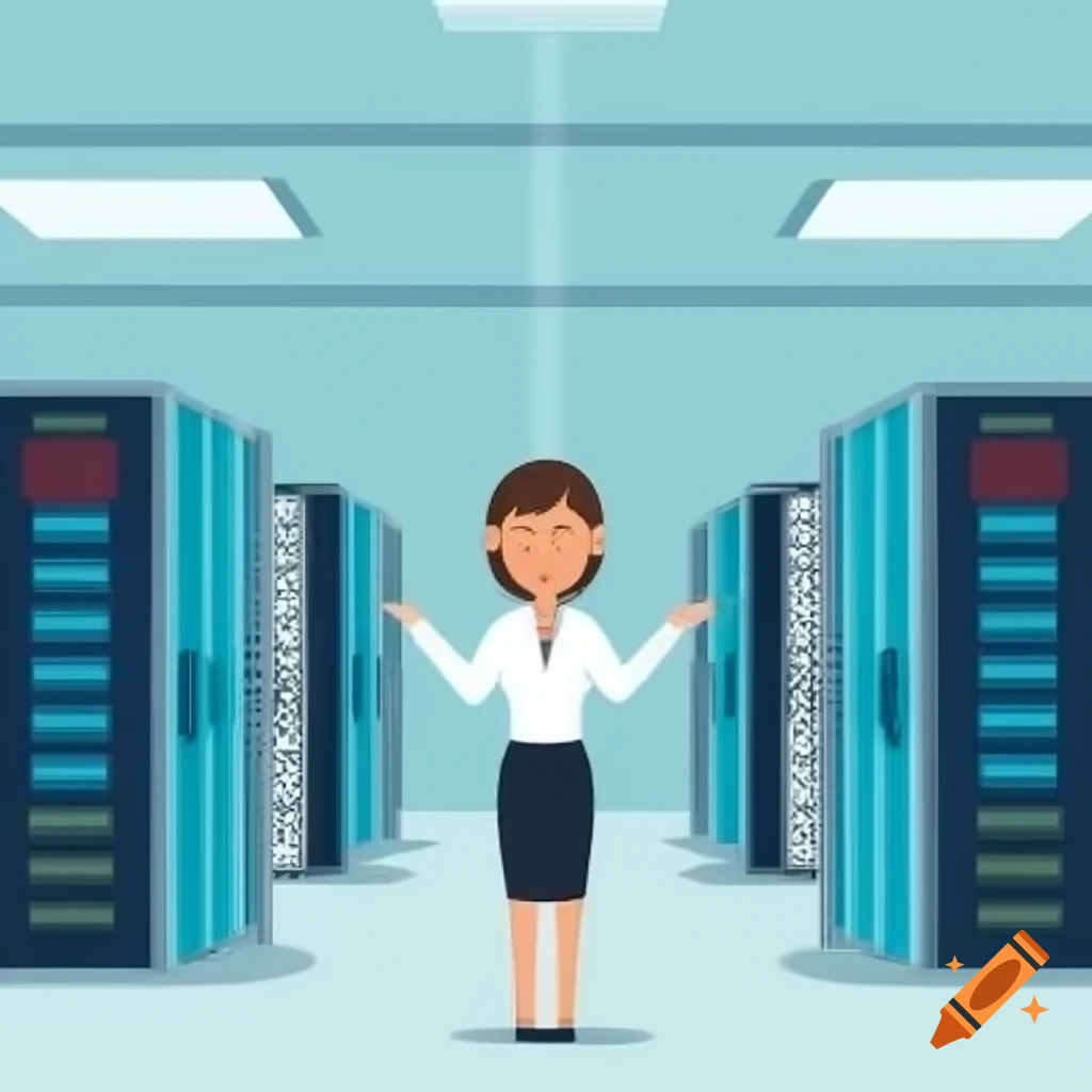 White young female professional gesturing in data center with server racks