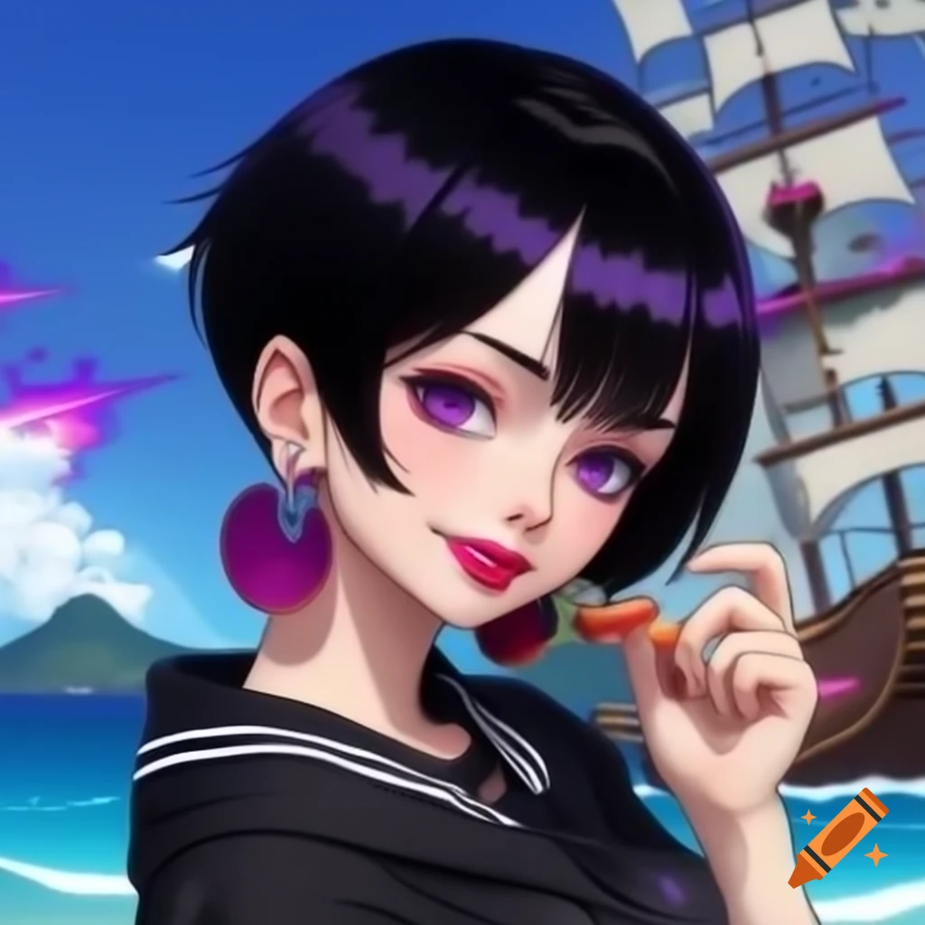 Girl with short black hair and purple tips in black coat with white stripes, smiling with popstar attitude