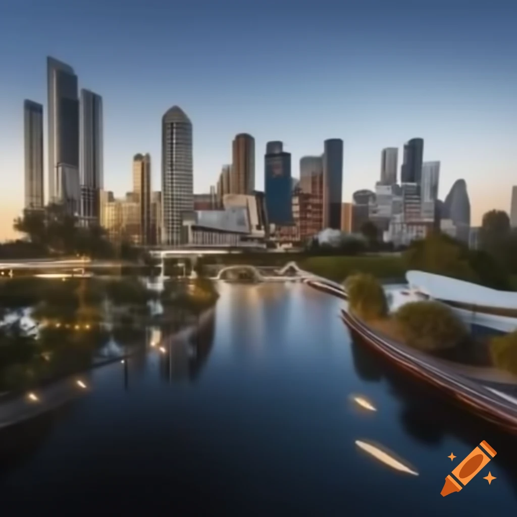 Futuristic Brisbane with green buildings, solar vehicles, and enhanced environmental design