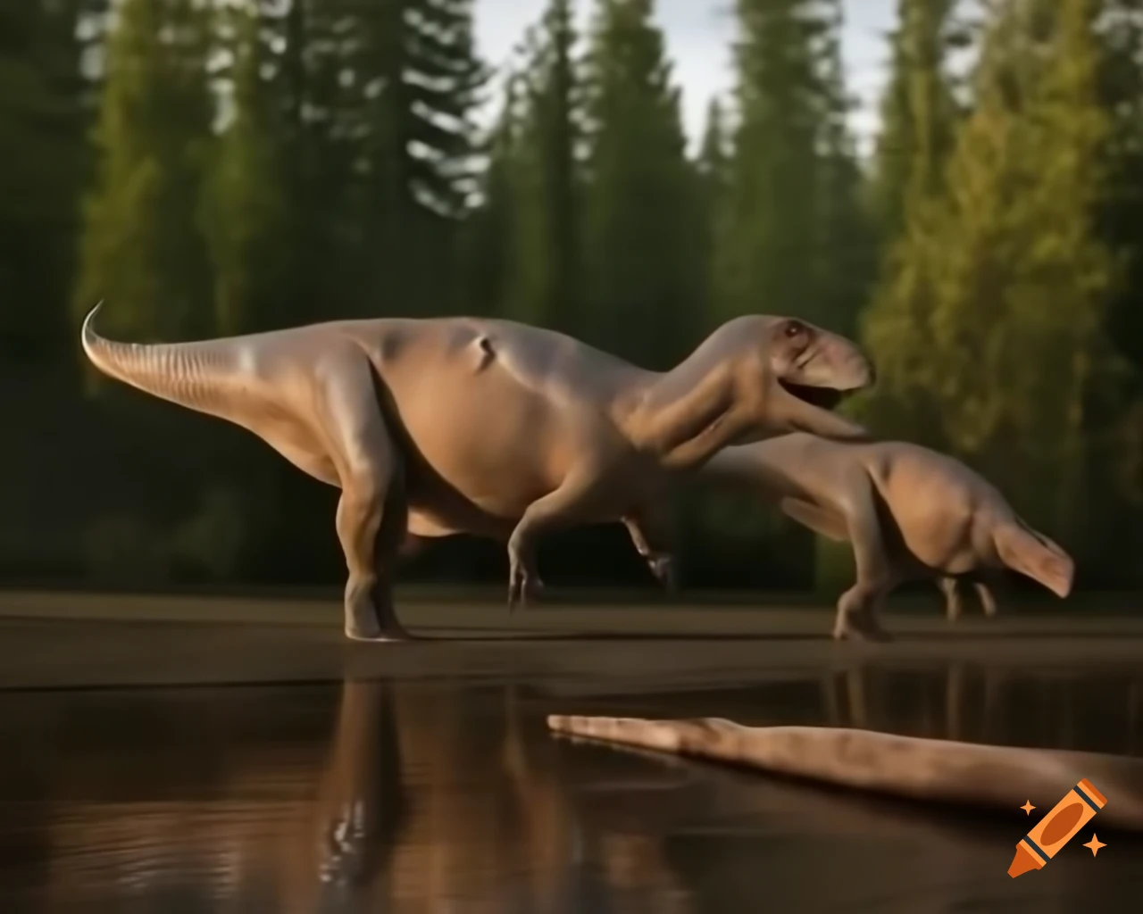 Brown and grey striped hadrosaurus on muddy bank of lake in British Columbia
