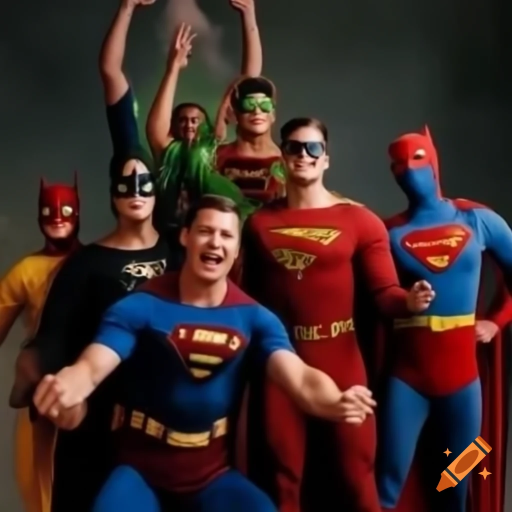 Superheroes celebrating together in a joyful scene