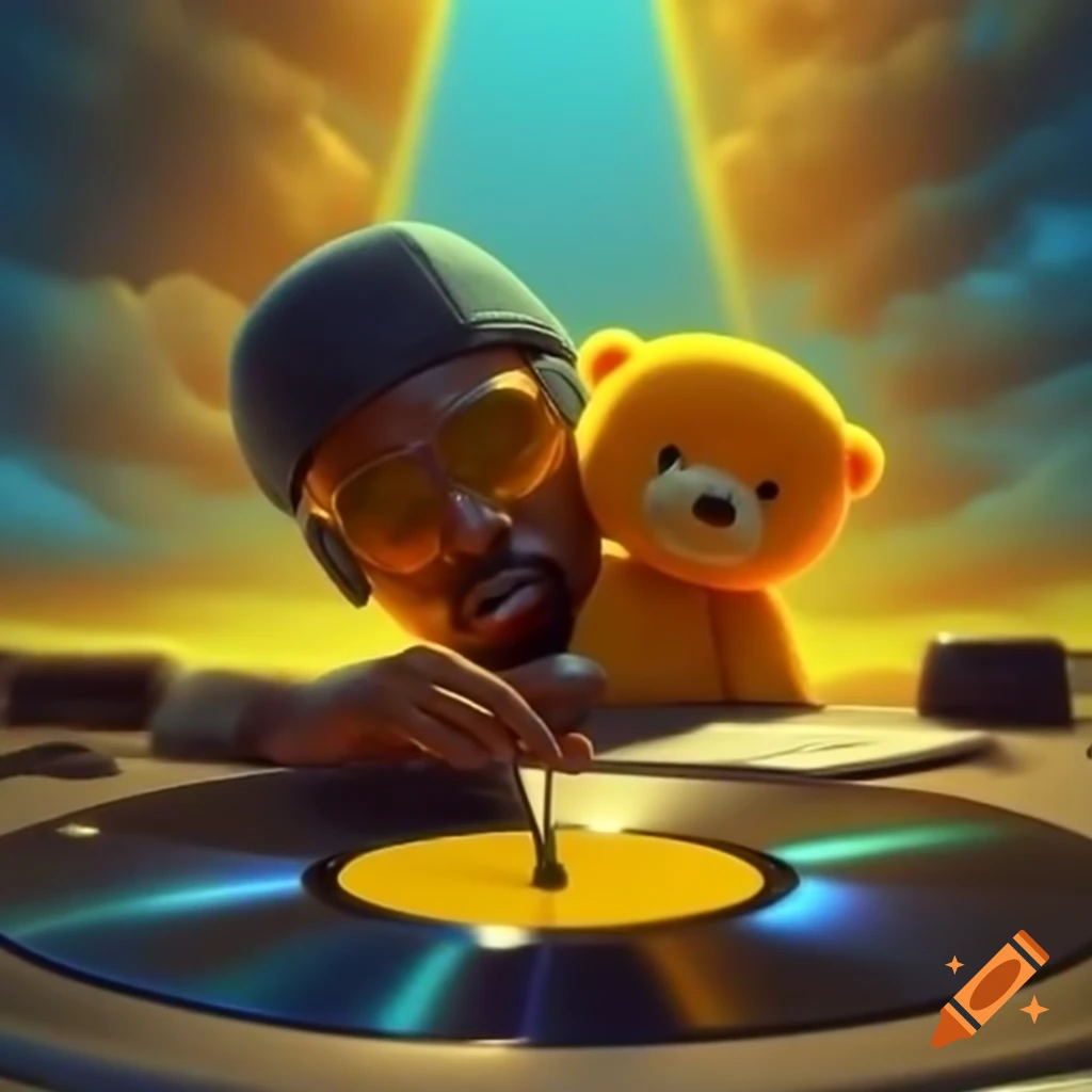 Bright yellow star shining in the sky with record player and bear, inspired by Kanye West's Graduation