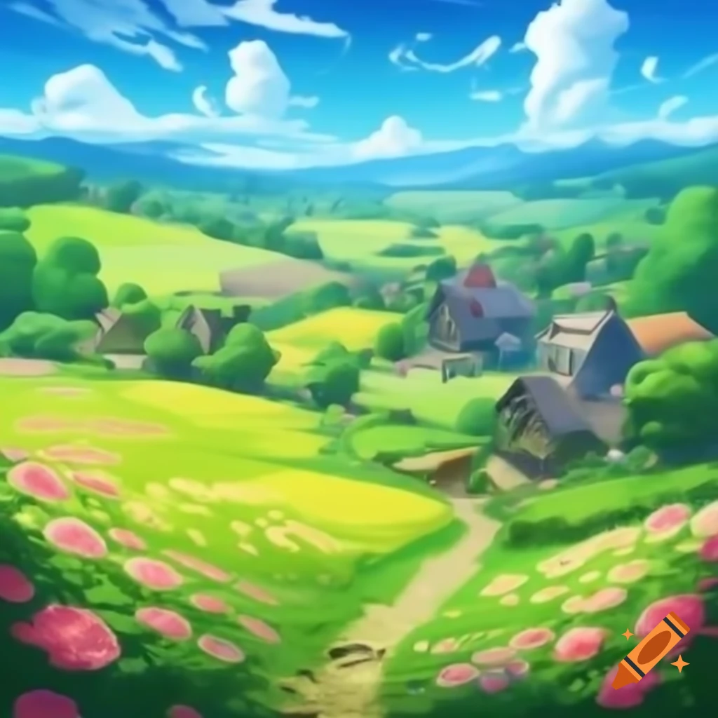 Charming village in perpetual spring with vibrant flowers and streams