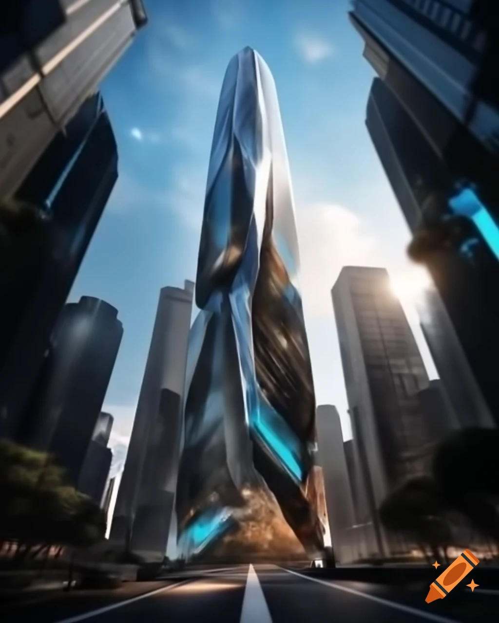 Futuristic cityscape with glass buildings, holographic ads, and flying cars