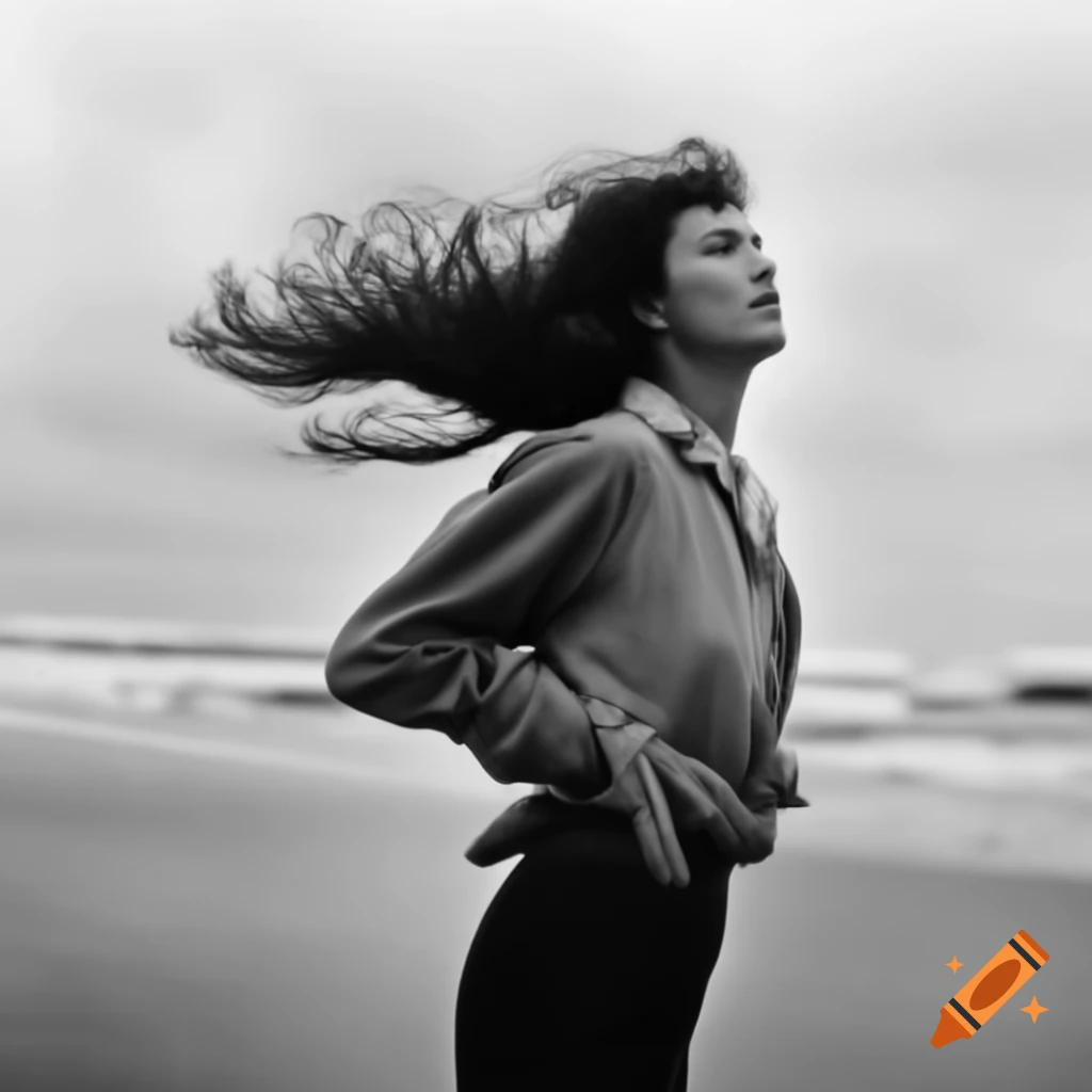 Candid photo of Sino-Portuguese woman with brunette hair at the beach under overcast sky