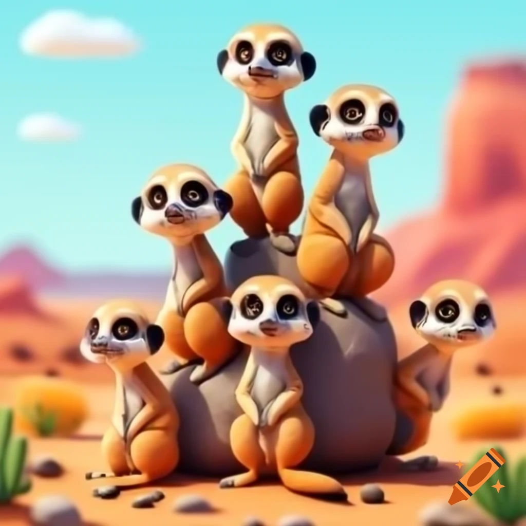 Cartoon meerkats sitting on rock in desert