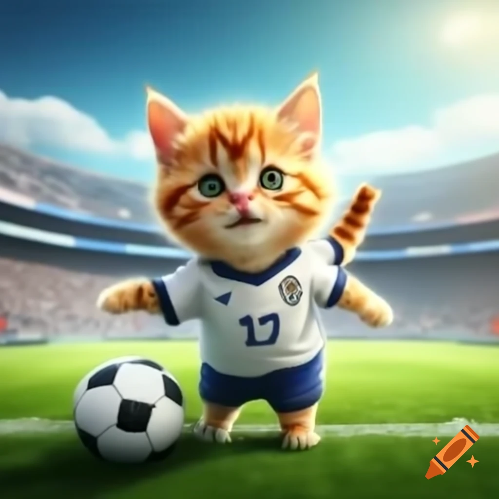 Fluffy orange kitten in soccer jersey playing on field