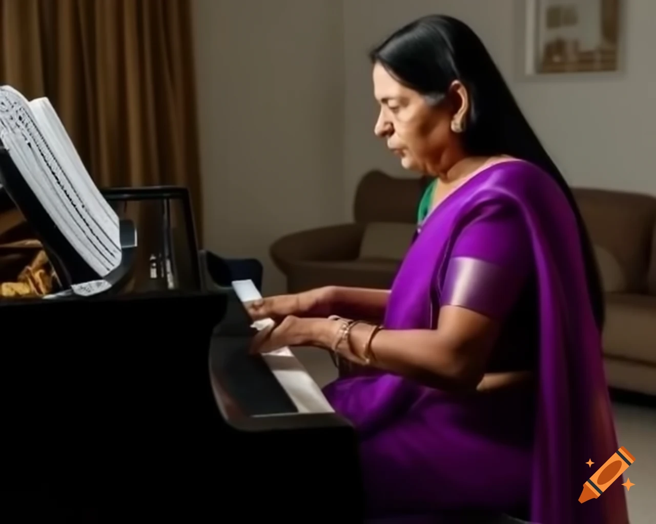 Indian woman in purple saree playing Steinway grand piano in living room