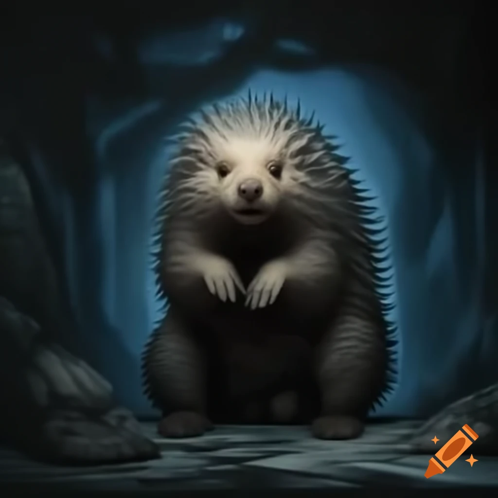 Linocut of porcupine in atmospheric house with ethereal lighting