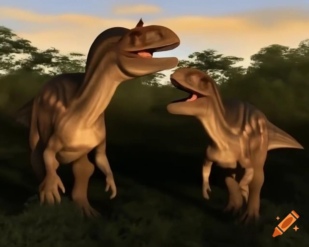 Pair of striped hadrosaurus in bush-covered plain at sunset