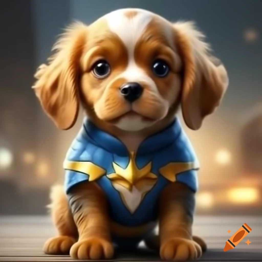 Superhero golden retriever puppy in a playful pose on Craiyon, image size:1024x1024