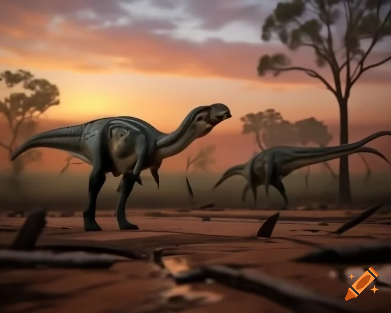 Cinnamon and grey striped hadrosaurus in Australia outback during golden hour